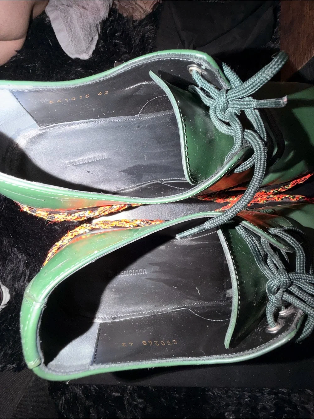Balenciaga Green Lace-Up Platform Men Boots with Multicolor Braided Sole
